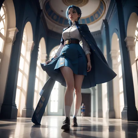 A low-angle shot of a blue-haired woman standing in the center of the Parliament House, her voice ringing out with pride and strength as she speaks of her heritage.