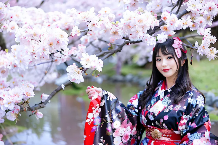 Woman in kimono dress posing for photo, A Japanese style, in a kimono, A Japanese Lady, sakura season, japanese kimono, Wearing kimono, under a cherry blossom tree, Wearing a kimono, in a kimono, japanese related with flowers, an elegant woman, beautiful g...