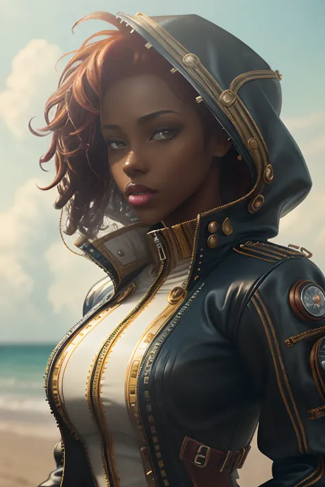 steampunk, sexy dark skin woman(African-American:1.3), (polyvinyl Jacket With Rivets:1.3), (floating red hair:1.4, black hair streaks:1.4), (open zipper:1.5), (sexy:1.5), (erotic:1.5), best quality, sunlight, detailed face, gorgeous eyes, realistic skin de...