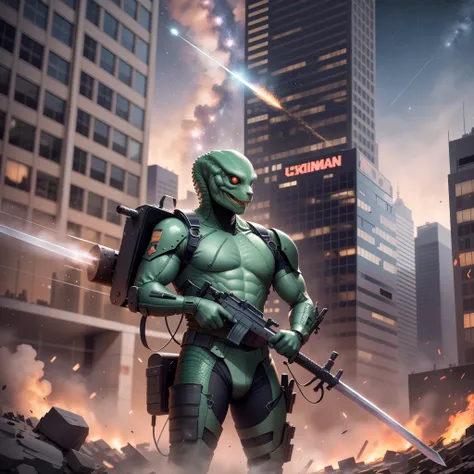 A reptilian in an exoskilet swings a bloody sword at a man in military uniform with a machine gun from which he fires back;. Everything happens against the backdrop of a starry sky with an alien spaceship hanging in it and a city burning in the distance.