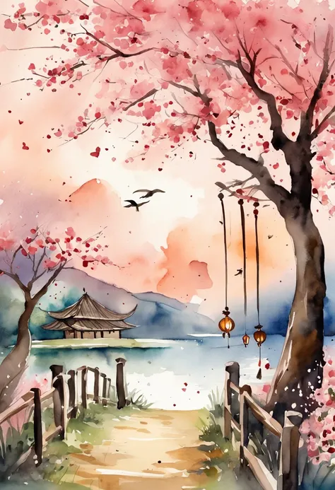 Tanabata Valentines Day romantic poster，A man and a woman kiss on a wooden bridge，Peach blossoms bloom on both sides of the river，Countless pink petals fell from the sky，Several magpies flew around in the sky，closeup cleavage