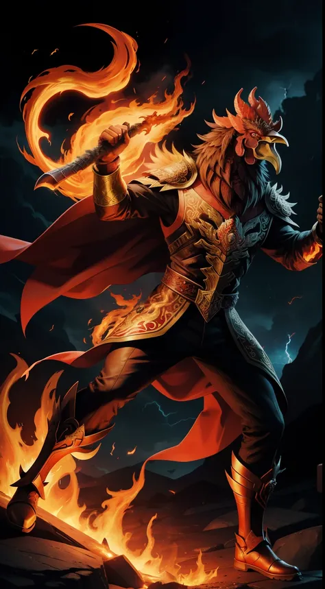 infernal-lord, rooster-head, flame-lava, fire-background, full-body, lightning-strike-on-the-left-background, cool