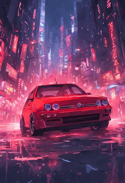 Un deportivo rojo en la ciudad, GOLF MKII, velocidad y elegancia impresionantes, luces brillantes, Vibrant neon, carreteras nocturnas, Modern urban atmosphere.