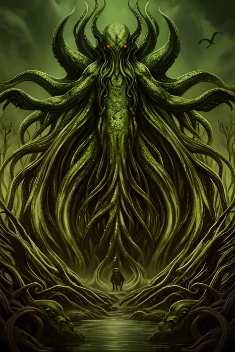 Cthulhu monsters,Scroll horror，organism，human - shaped，multiple arms，drools，looking at viewert，blood，tentaculata