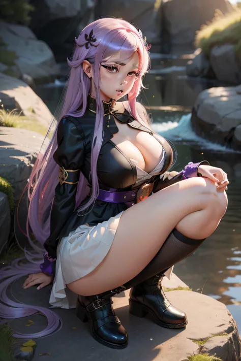 Anime girl with long purple hair sitting on a rock, seductive anime girls, beautiful anime girl crouching, Anime goddess, Best anime 4K Konachan wallpapers, the anime girl is crouching, anime moe art style, style of anime4 K, Guviz, anime big breast! 4 k, ...