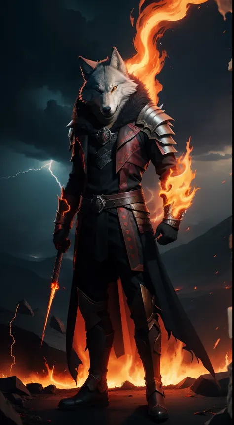 infernal-lord, wolf-head, flame-lava, fire-background, full-body, lightning-strike-on-the-left-background, cool