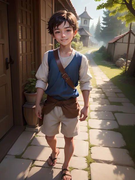 One fine morning, a young and curious villager named Ethan approached Master Eldric with a humble request: "Master, I yearn to improve my life each day. Can you guide me on this journey?" Handsome young boy, cute and curious and friendly, humble, joyful, l...