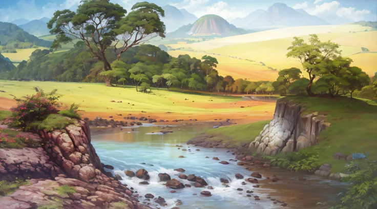 pintura de um rio que atravessa um vale verde exuberante com montanhas ao fundo, colinas fluidas, 8k resolution digital painting, 8k resolution digital painting, Pintura digital 4K, Pintura digital 4k, pintura digital detalhada, baixo detalhamento. pintura...