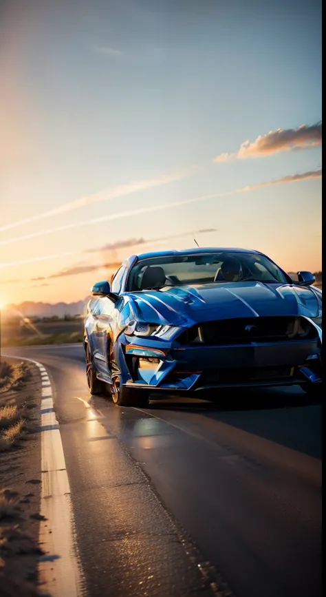 Blue Mustang, crossroad，mustang, cerulean, vehicle photography, Blue tones, 4K, Shoot on a sunny day, with blue sky and white clouds，automotive photography, shining golden hour, Sunnyday, hq 4k phone wallpaper,