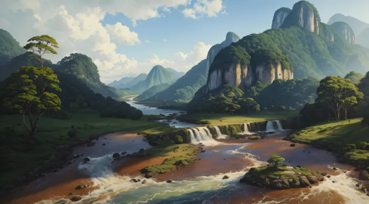 pintura de um rio que atravessa um vale verde exuberante com montanhas ao fundo, colinas fluidas, 8k resolution digital painting, 8k resolution digital painting, Pintura digital 4K, Pintura digital 4k, pintura digital detalhada, baixo detalhamento. pintura...