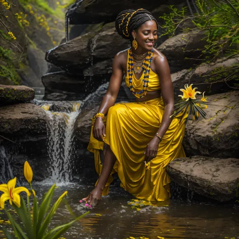 Beautiful black woman, age 40, full body image, sitting on the side of a waterfall, detailed face, shy smile, hair with braids and yellow flowers, dark yellow antique dress, is picking the lily flower, bare feet in the water, necklace bright with yellow st...