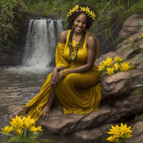 Beautiful black woman, age 40, full body image, sitting on the side of a waterfall, detailed face, shy smile, hair with braids and yellow flowers, dark yellow antique dress, is picking the lily flower, bare feet in the water, necklace bright with yellow st...