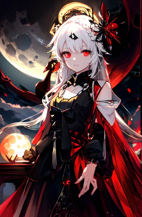 Anime girl with long white hair and red cape standing in front of full moon, nightcore, From Arknights, gothic maiden anime girl, white-haired god, anime wallaper, from girls frontline, Pisif style, Pisif, demon anime girl, with red glowing eyes, Red Moon,...