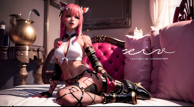 Woman in sexy costume is sitting on bed, SFW version, pixiv 3dcg, full-body xianxia, vi from arcane, 🌺 cgsociety, Lori, deviantart artstation cgscosiety, rendered in sfm, 8k render」, Inspired by Chris in Delta runes, 3 d render character art 8 k