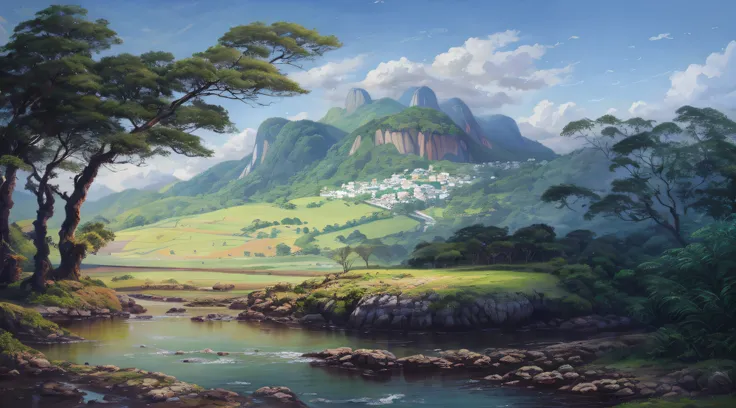 pintura de um rio que atravessa um vale verde exuberante com montanhas ao fundo, colinas fluidas, 8k resolution digital painting, 8k resolution digital painting, Pintura digital 4K, Pintura digital 4k, pintura digital detalhada, baixo detalhamento. pintura...