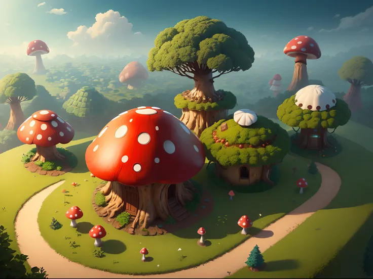 Round Forest Hill, game design, Anthill with one large red mushroom and a small white one, Two-leaved,  hiquality, Mushroom House