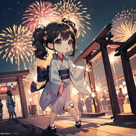 Chibi:1.8,Kimono,Girl in Yukata,Blowing in the wind,Summer Festivals,natta,food stand,Spirit Stream,Big  Fireworks:1.7,Fireworks in the night sky:1.8,poneyTail,action:1.6,dynamic angle,dutch angle shot,ground-level shot,low angle,full body shot,long shot,(...