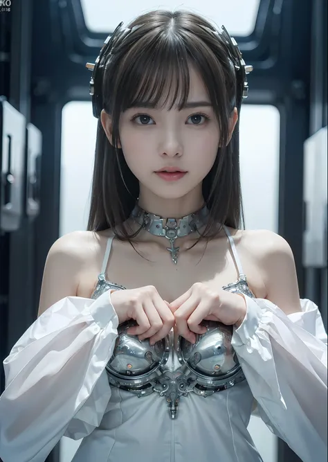 NSFW,((top-quality、in 8K、​masterpiece:1.3))Wearing a silvery-white mech，Girl with a delicate face，The highest image quality，ultraclear，Facial features are delicate and clear，Armageddon，machine arms，exquisitedetails，(cammel toe)、Mechanical pattern,cyberpunk...