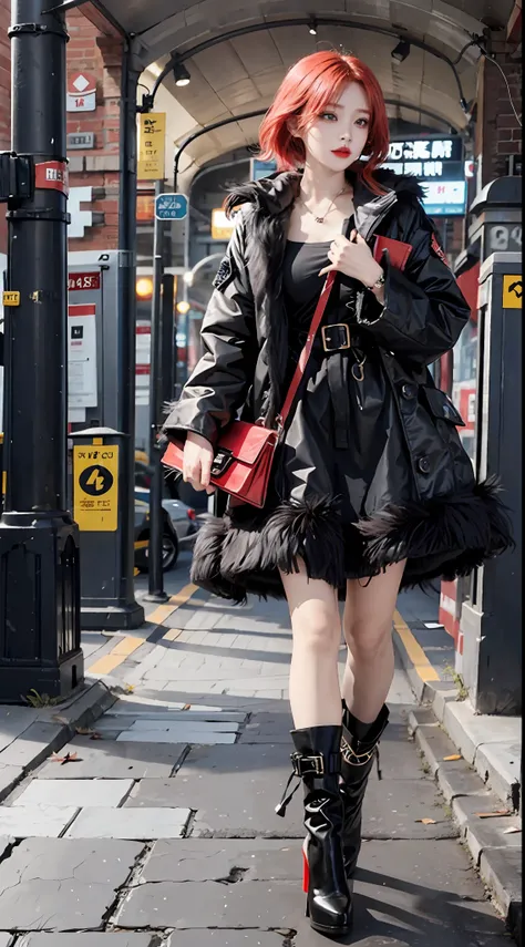 1girl,red hair,black feather coat,high heel,tunnel,full body