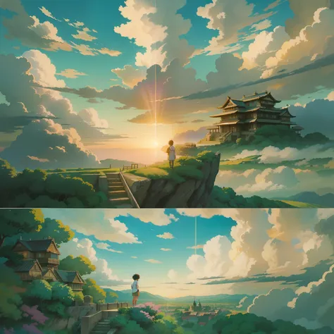 Animesk、Skyscape vs. Clouds、Sunset sky、Divinity々Shikai、Steps、You can see the touch of the brush.、There are no human numbers.、Studio Ghibli、ghibli、scenery、style、Glittering light、Skyline、low angle