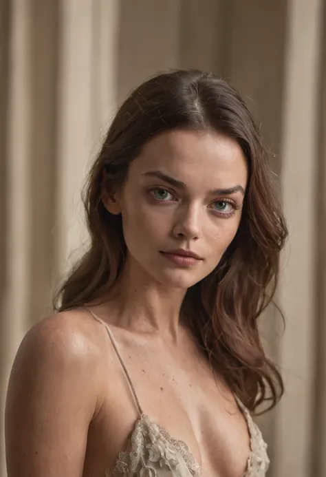 (Full body) Middle  aged homely Margot  Robbie;. Drina is naked,nude, her skin that seems to meld seamlessly with her surroundings. Very beautiful breasts. Her hair is unkempt and tangled, and her skin is marred with grime and dirt. Her eyes, however, glea...