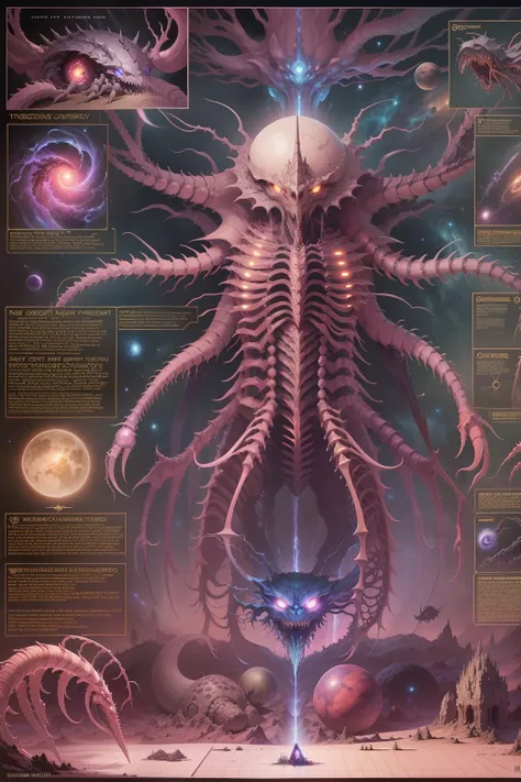 Fantasy 00D technical drawing, Infographics, Charts, A cosmic anatomy monster with many limbs, Sharp teeth, Spines, Glowing eyes, stinger, mutations, Infographics, Scientific, Data diagram, nervous system, milky ways, Radiopigments, midnight aura, Ultra de...