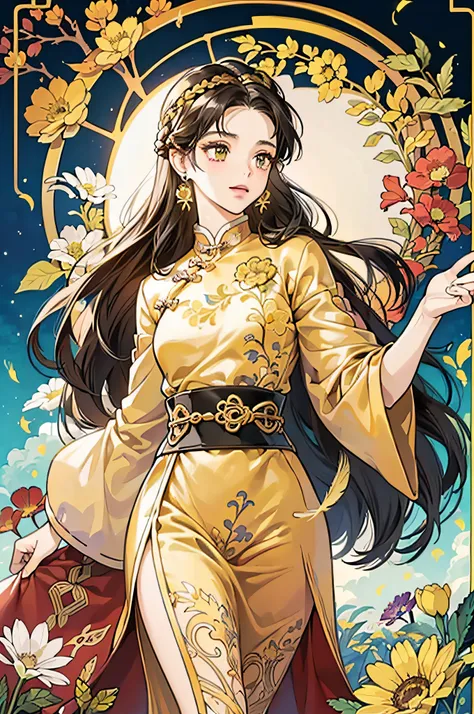 (Masterpiece, Best, Excellent, Official Art, Beautiful Aesthetics: 1.2), (1girl, Mature: 1.3, Adult: 1.3), Long Hair, Brown Hair, Braided Side Hair, Very Meticulous, Traditional Chinese Pattern, Bronze Pattern, (Fractal Art: 1.1), (Color: 1.4) (Flowers: 1....