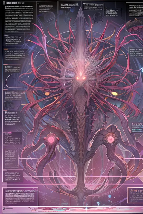 Fantasy 00D technical drawing, Infographics, Charts, A cosmic anatomy monster with many limbs, Sharp teeth, Spines, Glowing eyes, stinger, mutations, Infographics, Scientific, Data diagram, nervous system, milky ways, Radiopigments, midnight aura, Ultra de...