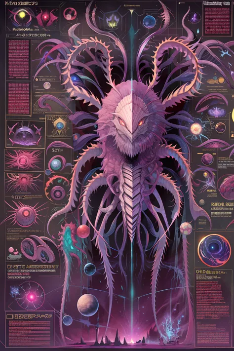 Fantasy 00D technical drawing, Infographics, Charts, A cosmic anatomy monster with many limbs, Sharp teeth, Spines, Glowing eyes, stinger, mutations, Infographics, Scientific, Data diagram, nervous system, milky ways, Radiopigments, midnight aura, Ultra de...