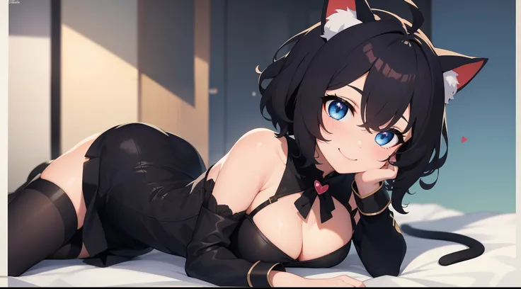 girl with、Chibi、((Best Quality, high_resolution, Distinct_image)),(Black hair), (Black cat ears), (Ahoge), (absurdly short hair), (Wavy Hair), (Blue eyes),、A smile、mideum breasts、Heart pupil、Prone