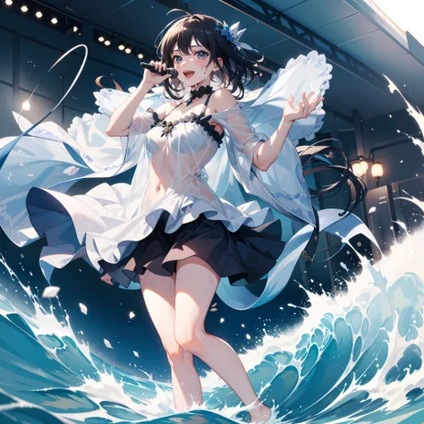 concert,dynamic range:1,6,low angle,full body shot,medium shot,action:1.5,Wet clothes,Blowing in the wind:1.1,See-through clothes:1.1,wave her hand:1.1,A smile,Singing:1.5,Idol,Hold the microphone:1.1,Sing a song:1.1,Sweat splashes,swet,4K, (Raw photo: 1.2...