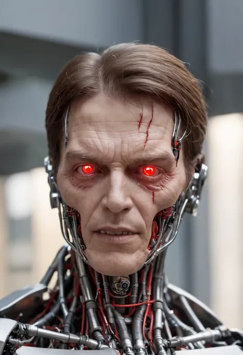 Menacing T-800 type metal terminator cyborg and its Led Eyes and other mechatronic mechanisms, removes its disguise with both hands contemplating its mask, a Normal Human face made silicone similar to human skin, the face is friendly, pleasant and smiling,...