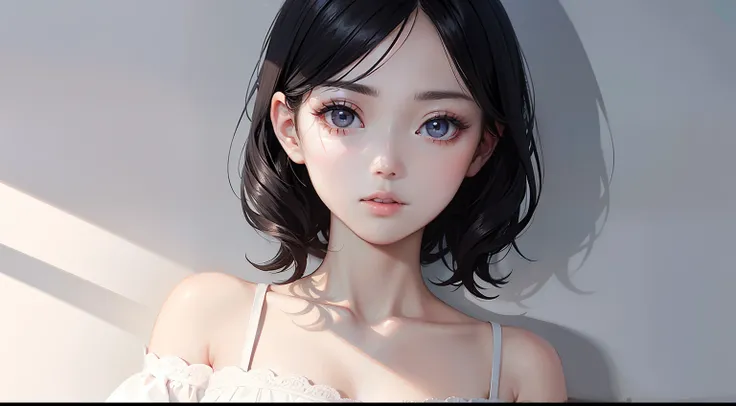 tmasterpiece，best qualtiy，1 girlirl，Short flowing black hair，Camelier top，White and delicate skin，Crop topping，Beautiful and delicate face，Elaborate Eyes，Extreme light and shadow，janelas，Skysky