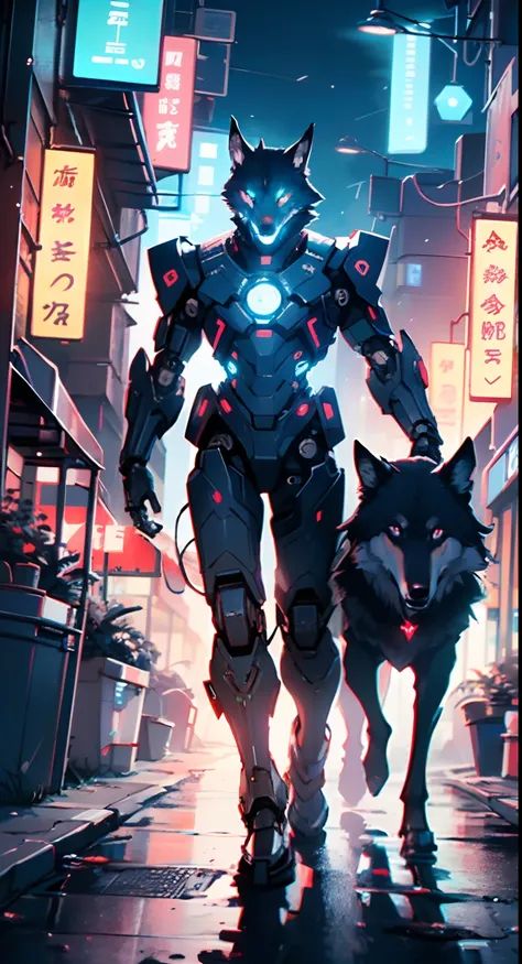 (((A mechanical wolf,cyborg wolf,cyborg-wolf,animal,Mech4nim4lAI [lobo :robot:.5]))) ,

(dynamic pose:1.0),solo focus,centered,scale to fit dimensions,Rule of thirds,

outdoors,((night view)),(very pretty city neon synthwave,cyberpunk night street Backgrou...