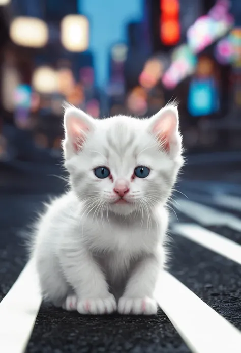 White kitten with black stripes sitting on kyoto crossing at night, futuristic tokyo