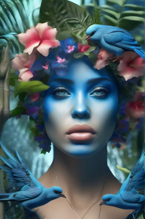 Fashion photography portrait of a blue human avatar, in the blue lush jungle with flowers and birds, 3D Rendering, .CGI, symmetric, Octane Render, 35mm, bokeh, 9:16, (intricate details:1. 12), HDR, (intricate details, hyper-detailing:1. 15), (natural skin ...