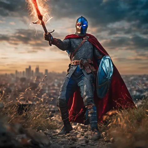 Marvel at the magical spider - the man who served as a medieval themed knight, Full set of red and blue glittering armor, Intricate details, Depicted in action poses, holds a spear, Medieval town in the background, Photorealistic, Dramatic lighting, Beauti...