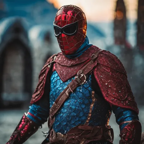 Marvel at the magical spider - the man who served as a medieval themed knight, Full set of red and blue glittering armor, Intricate details, Depicted in action poses, holds a spear, Medieval town in the background, Photorealistic, Dramatic lighting, Beauti...