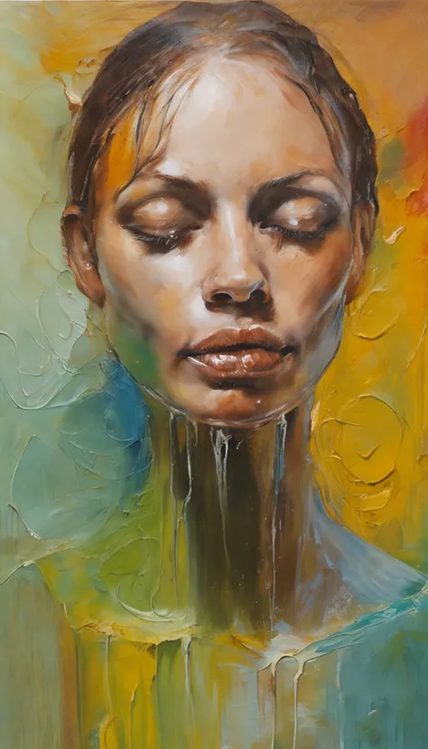 Close-up, ((of a woman with oil running all over her face)), Defronte, hiper-realista, high-gloss liquid, linda mulher, Imagem foto realista, mulher bonita, ultrarrealistas | | |, 16k