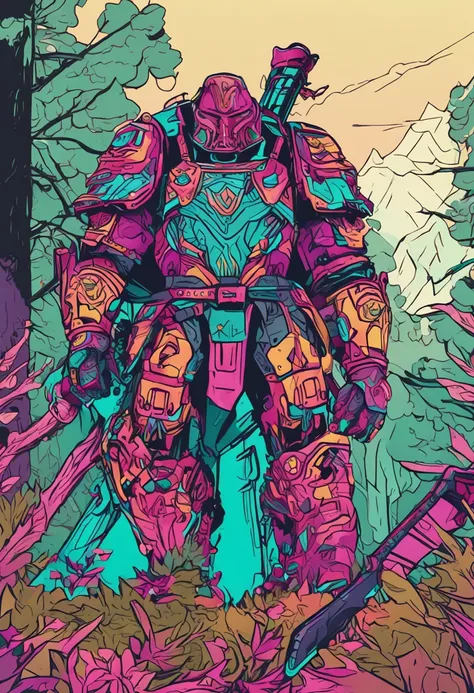 "Super Xandão armor with leather and steel parts, uma capa, com uma espada e escudo, in a forest killing demons" | Hiper realista | ROSTO BEM DETALHADO | cores vivas | dramatic colors | vaporwave | filtro de cores quentes | retroonda | Colouring | artódrom...