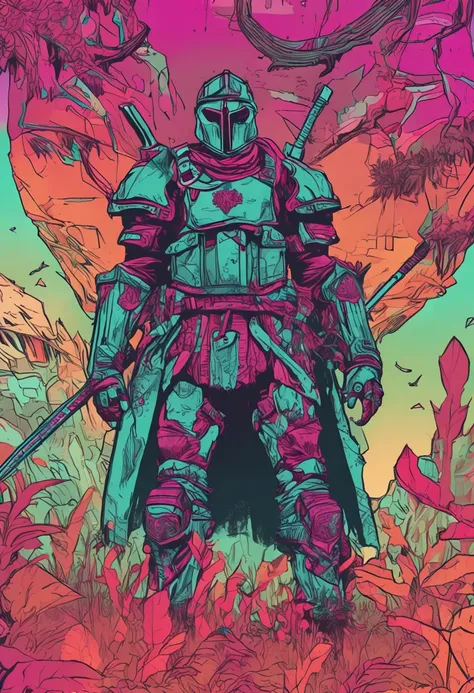 "Super Xandão armor with leather and steel parts, uma capa, com uma espada e escudo, in a forest killing demons" | Hiper realista | ROSTO BEM DETALHADO | cores vivas | dramatic colors | vaporwave | filtro de cores quentes | retroonda | Colouring | artódrom...