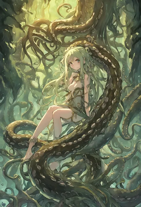 Tentacle demon tree, tentacle tree, plant tentacle, binding, devouring goddess, magic, tentacle trunk inlaid with a beautiful woman, inlaid with a woman kneeling in the tentacle tree fused with the demon tree, covered with tentacles, fine details. Anime. T...