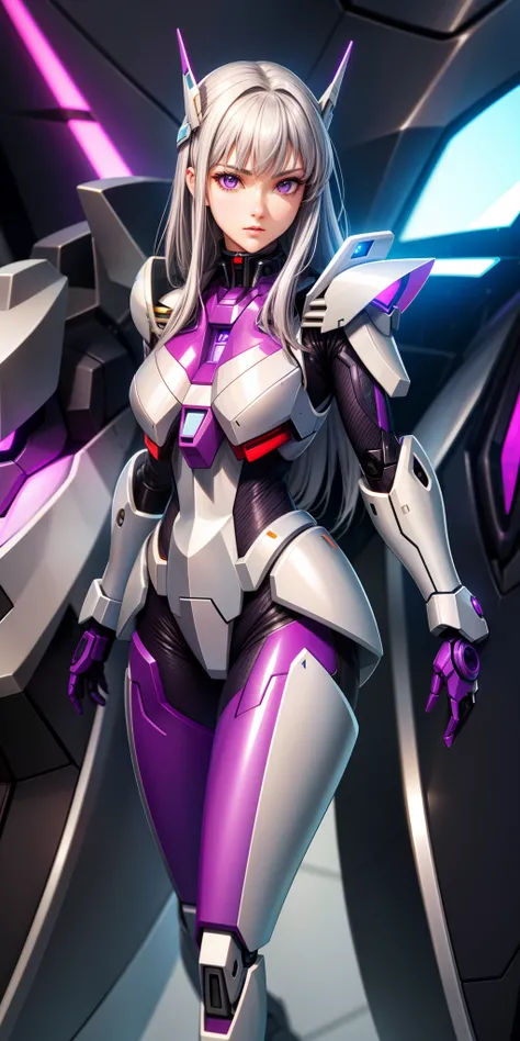 Realistic, girl one, gray hair, purple eyes, shining eyes, mecha suit, gundam, metallic, intricate details, detailed neon, parted lips,