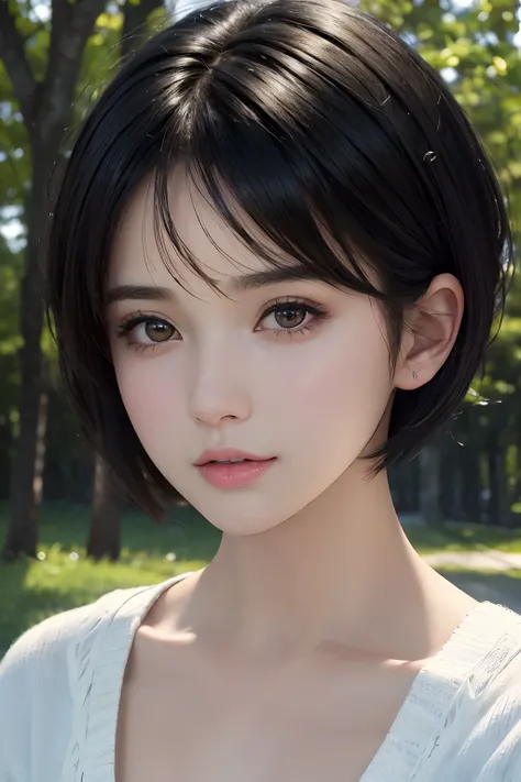 (masterpiece:1.3), (8k, photorealistic, RAW photo, best quality: 1.4), (1girl), beautiful face, (realistic face), (black hair, short hair:1.3), Nice hairstyle，photorealistic eye，Nice detail eyes，（Realistic skin），Beautiful skins，（Sweaters），absurd res，entici...