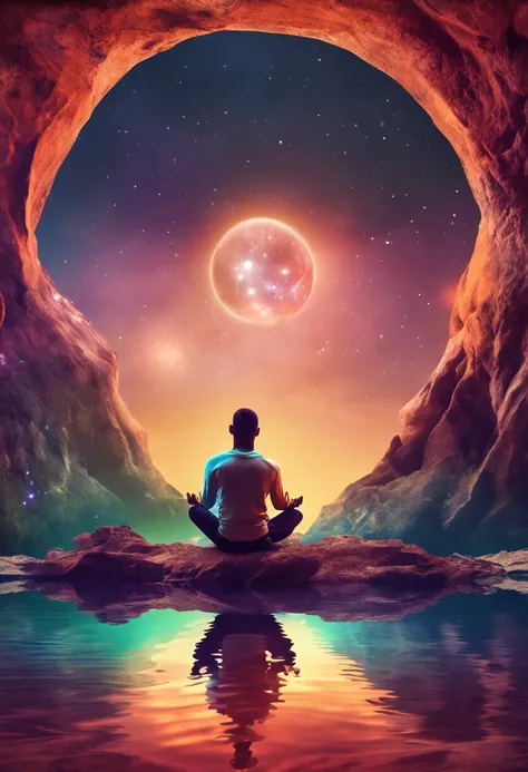 CRIE UM JOVEM MEDITANDO NO UNIVERSO PERTO DA LUA E DA TERRA IMAGEM SUPER REALISTA