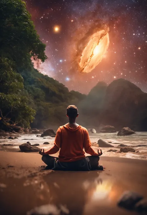 CRIE UM JOVEM MEDITANDO NO UNIVERSO PERTO DA LUA E DA TERRA IMAGEM SUPER REALISTA