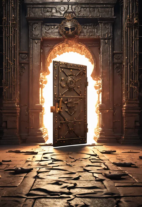 a distanced old indian antique mahal  door with huge steel lock, chained with steel chains, octane render, cinema 4d render, hyper detail door sealed with huge steel chains and, closed door with lamps on wall, fire sparks on floor, smoke on floor, gate to ...