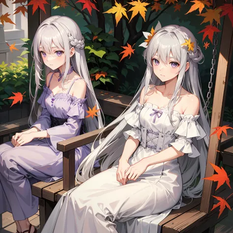 Long silver-gray hair，Lilac eyes，Wearing an off-the-shoulder pale white dress，Sit on a wooden swing，There was a sad look on his face，Maple leaves fall