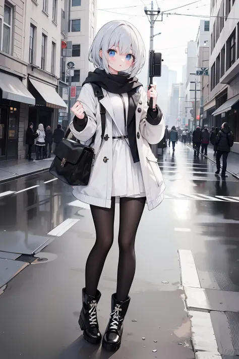 All over a girl standing on the street short coat long boots black and white