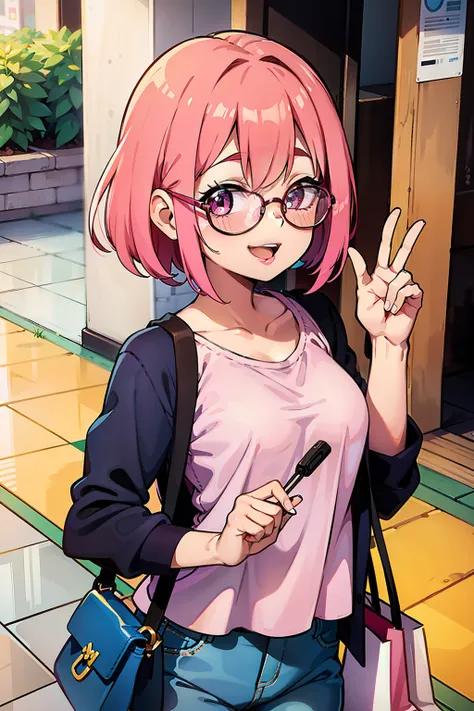 uma namorada fofa e sorridente de cabelo rosa tendo um encontro em um shopping, medium bust, altura mediana, Kawaii glasses and casual clothing